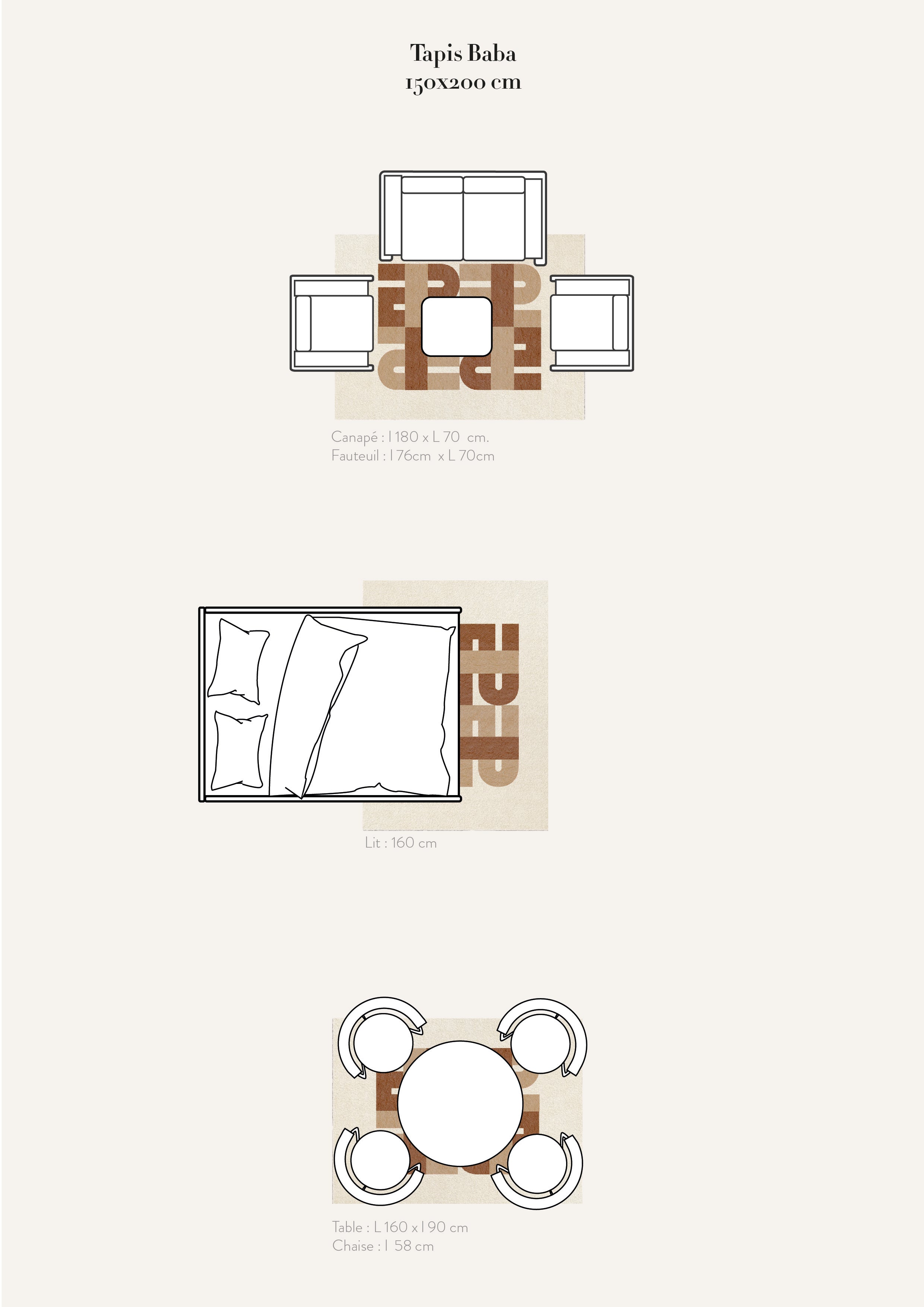 Mise en situation dans une chambre, dans un salon et dans une salle à manger du tapis seventies Baba couleur beige et crème! Ces formes géométriques sont inspirées de l’école du Bauhaus, donnant au tapis un style seventies et contemporain. Made in France & Fait Main Le tapis nait d’une collaboration avec PINTON, l’une des plus grandes références du tapis et de la tapisserie d’exception depuis maintenant 150 ans.