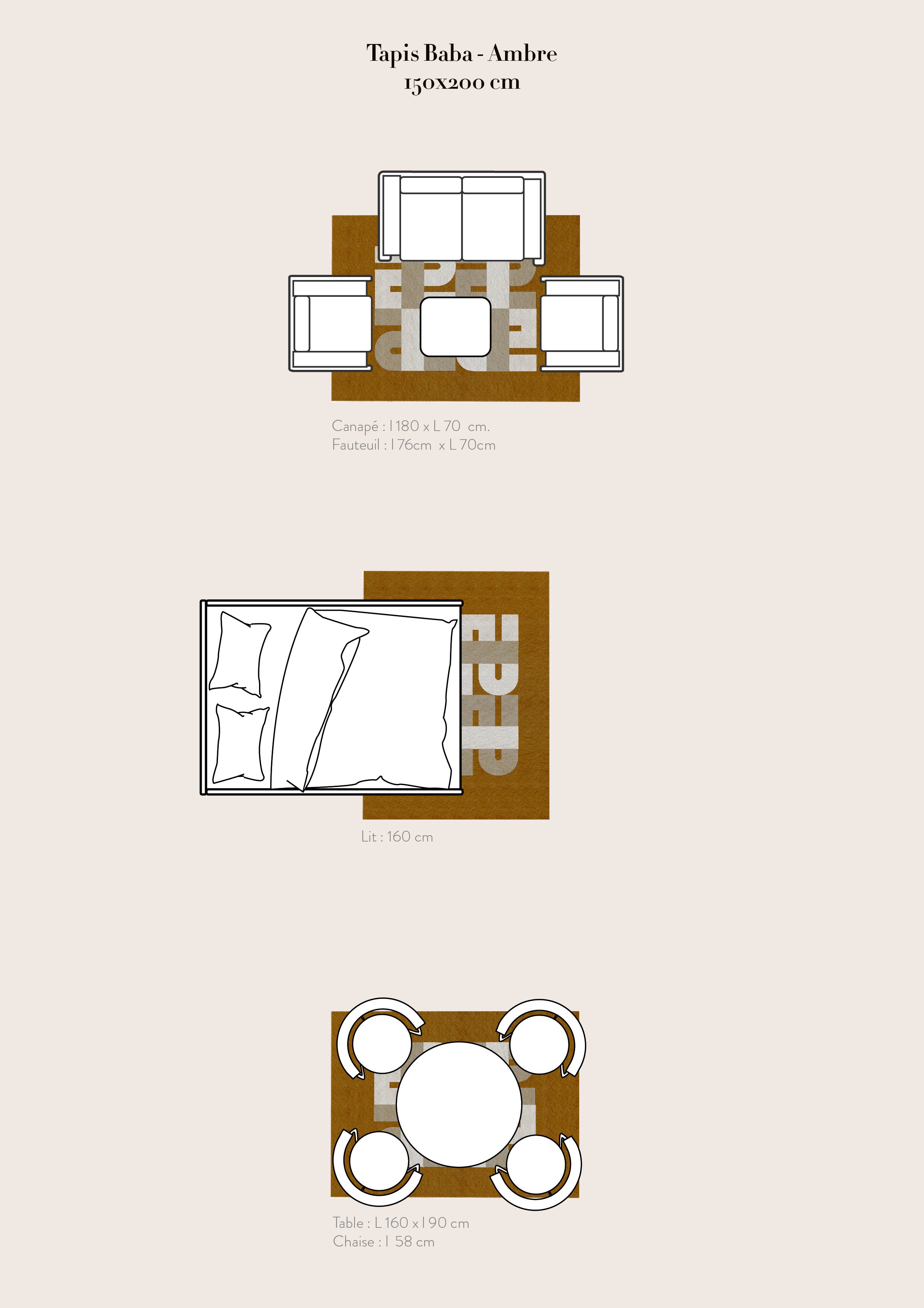 Le tapis Seventies Baba est mis en situation dans une chambre, un salon et une salle à manger ! Ces formes géométriques sont inspirées de l’école du Bauhaus, donnant au tapis un style seventies et contemporain. Made in France & Fait Main Le tapis couleur ambre nait d’une collaboration avec PINTON, l’une des plus grandes références du tapis et de la tapisserie d’exception depuis maintenant 150 ans.