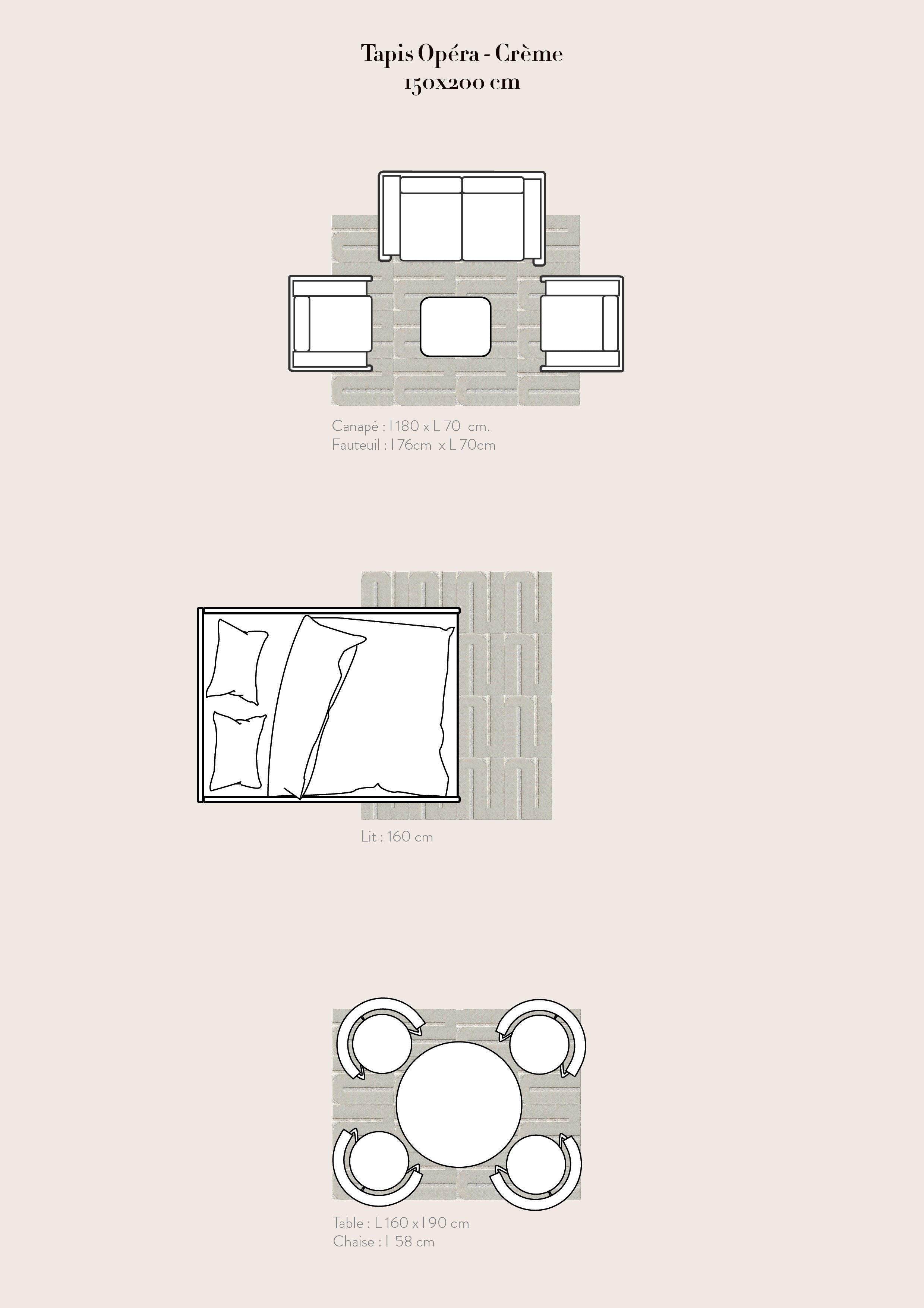 Le tapis blanc crème est mis en situation dans un salon, une chambre et une salle à manger Le tapis made in france fait main. Le tapis est en laine couleur crème. Il y a un mélange de laine bouclée et laine velours ce qui lui donne un côté texturé, géométrique et contemporain.