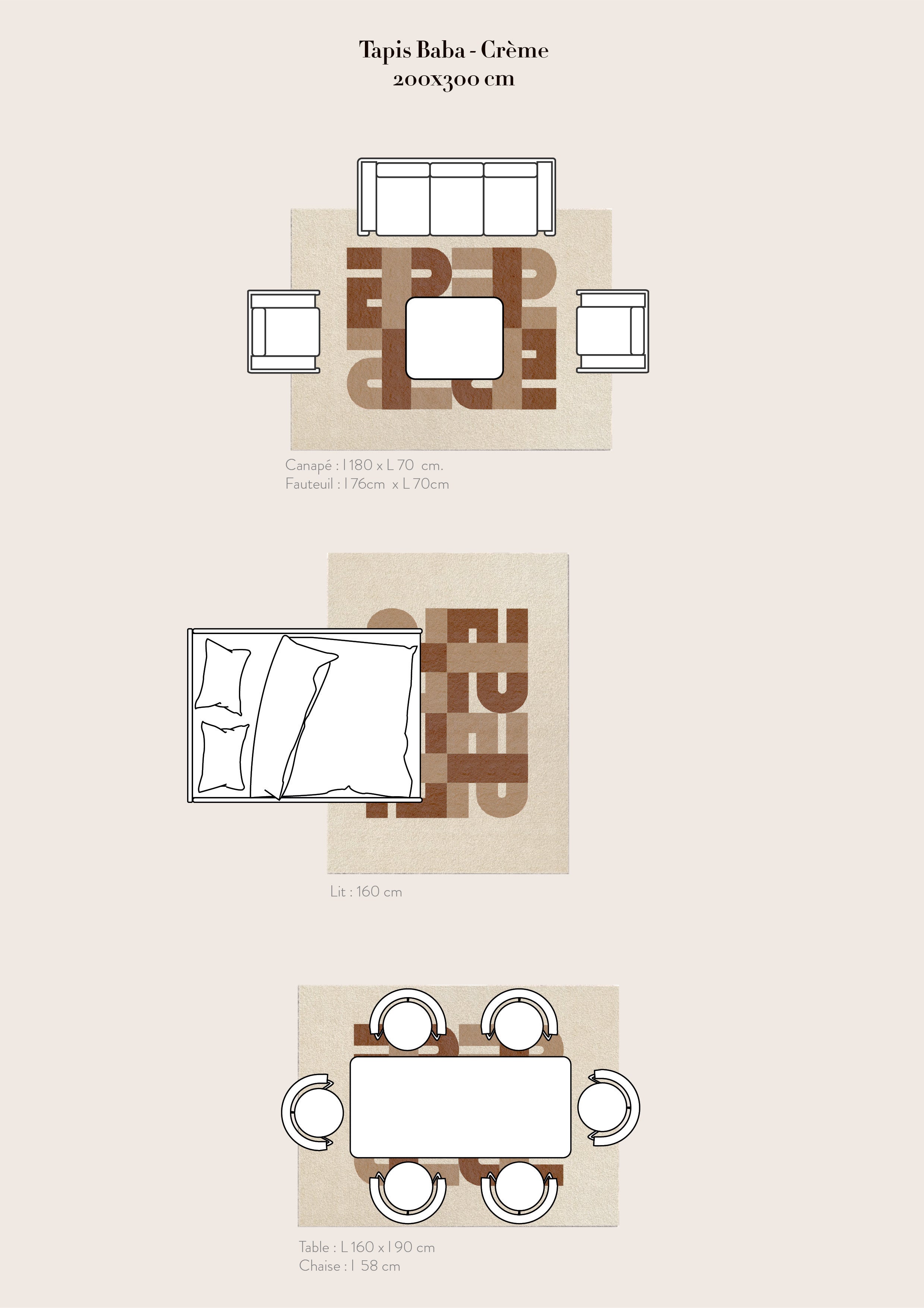 Mise en situation dans une chambre, dans un salon et dans une salle à manger du tapis seventies Baba couleur beige et crème! Ces formes géométriques sont inspirées de l’école du Bauhaus, donnant au tapis un style seventies et contemporain. Made in France & Fait Main Le tapis nait d’une collaboration avec PINTON, l’une des plus grandes références du tapis et de la tapisserie d’exception depuis maintenant 150 ans.