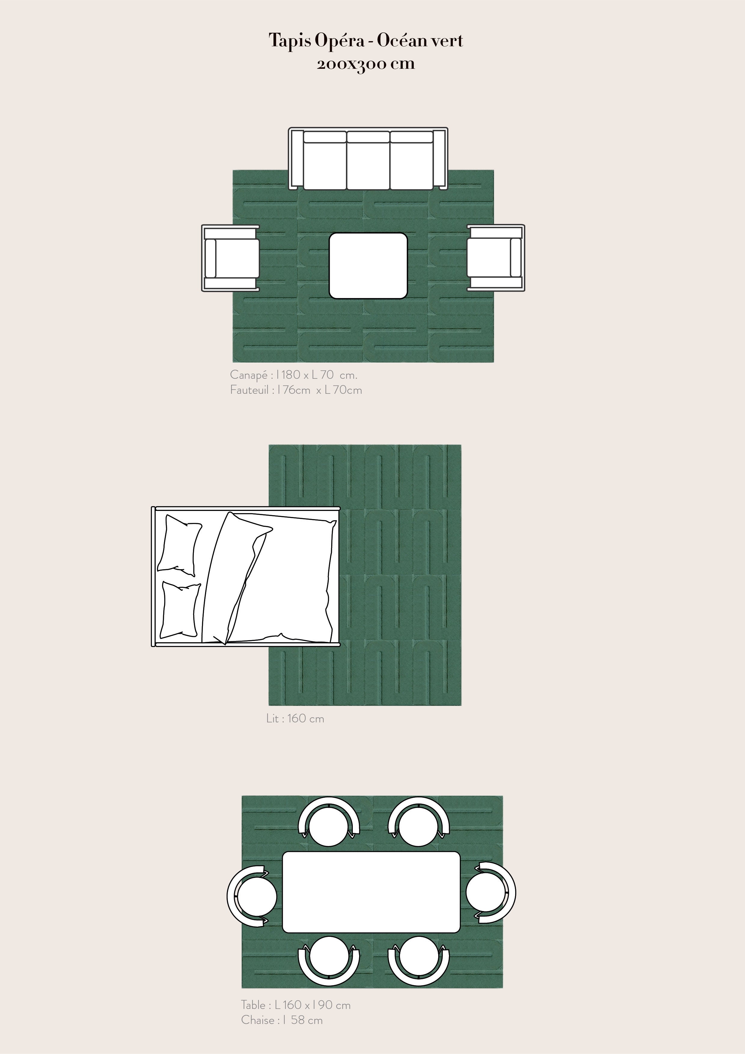 Mise en situation du tapis vert dans un salon, dans une chambre et dans un salle à manger. Zoom sur le tapis en laine vert. Le tapis a un style seventies. Le tapis made in france est fait main. Le tapis est en laine verte. Il y a un mélange de laine bouclée et laine velours ce qui lui donne un côté texturé, géométrique et contemporain